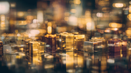 Shimmering holiday gift boxes create a magical atmosphere as they reflect light bringing joy and excitement to New Years celebrations.の素材