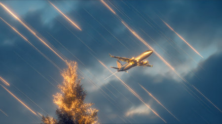 An airplane glides through the sky passing above a vibrant Christmas tree adorned with bright lights during the joyful New Year season.の素材