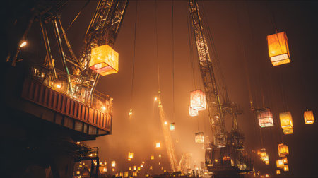 Colorful lanterns hang gracefully from cranes creating a magical scene as they light up the night sky during New Year festivities.の素材