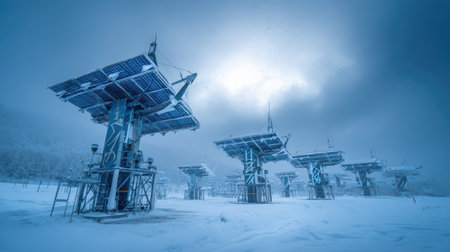 In a snowy landscape a power plant is beautifully decorated with mystical sigils celebrating the magic of the New Year under a cloudy sky.の素材