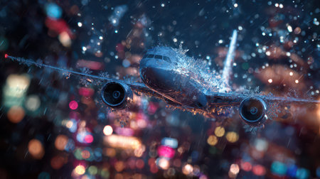 An airplane glides through a vibrant city filled with festive lights adorned with beautiful snowflake structures on New Years Eve.の素材