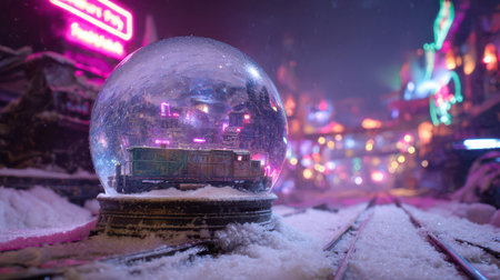 A giant snow globe features a vibrant train amidst a neon lit streetscape celebrating New Year creating a magical winter scene of joy and wonder.の素材