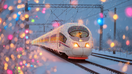 A colorful train adorned with festive lights travels through a snowy landscape capturing the joyful spirit of New Year celebrations in winter.の素材