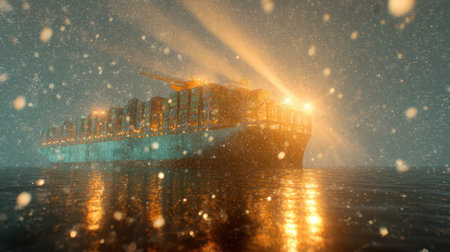 A majestic ship emerges from swirling snowflakes glowing with shimmering lights.の素材