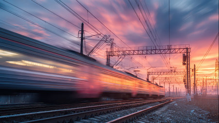 A train races along the tracks carrying superheated plasma rings under a vibrant New Year sky filled with colors of sunset.の素材