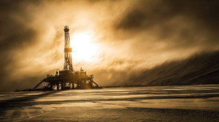 A vibrant rig stands tall enveloped by swirling superheated plasma rings as the New Year dawns blending energy with natures beauty.の素材