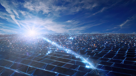 Bright particles shimmer in the sunlight above a power plant creating an enchanting scene on New Years Day filled with energy and promise.の素材