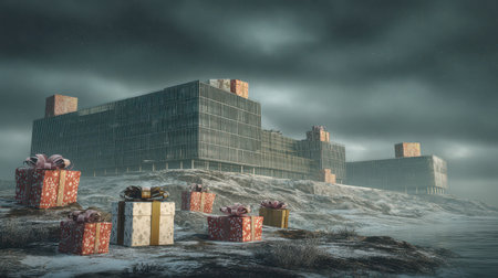 Large buildings rise amid a snowy scene decorated with vibrant holiday gift boxes evoking the joy of New Year celebrations.の素材