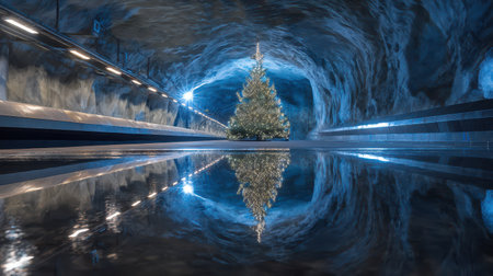 A stunning Christmas tree shines brightly in a metro tunnel reflecting on wet surfaces creating a magical New Year ambiance.の素材