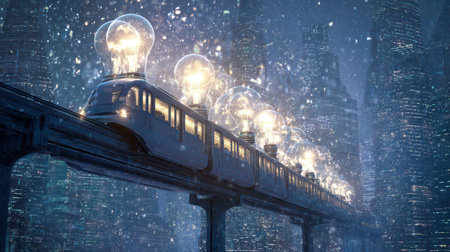 A monorail filled with glowing light bulbs travels through a snowy city bringing a festive vibe to New Year celebrations under bright lights.の素材