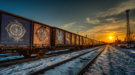 Trains stand still in the morning light absorbing glowing sigils as a new year begins. The landscape transforms with enchantment and mystery.の素材
