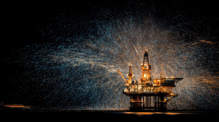 Beneath the cover of night a rig sparkles with shimmering particles marking a mesmerizing New Year celebration.の素材