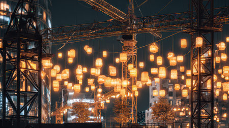 A towering crane is beautifully decorated with glowing lanterns creating a magical scene during New Year festivities in a vibrant city.の素材