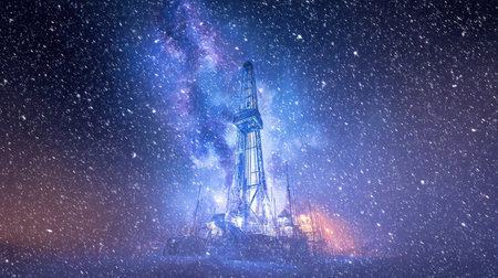 A massive rig radiates cosmic energy as swirling snowflakes create a magical winter scene filled with vibrant colors during New Year.の素材