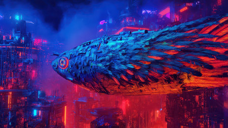 Under a vibrant night sky a sea submarine adorned with radiant feathers floats through a city of lights celebrating New Year festivities.の素材