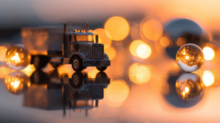 A vibrant truck sits amid glowing spheres as the sun sets creating a festive ambiance perfect for New Year festivities.の素材