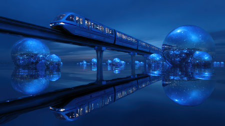 A stunning monorail travels along a sleek track reflecting luminous spheres in deep shades of blue capturing the magic of New Year celebrations.の素材