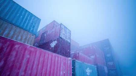 Brightly colored containers rise up against a snow filled sky their surfaces adorned with delicate snowflake patterns evoking a winter wonderland.の素材