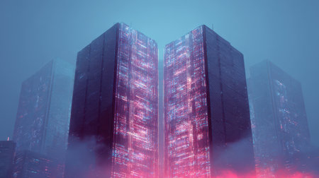 Center building features a stunning holographic sculpture radiating vibrant colors as it celebrates the New Year in a futuristic urban landscape.の素材