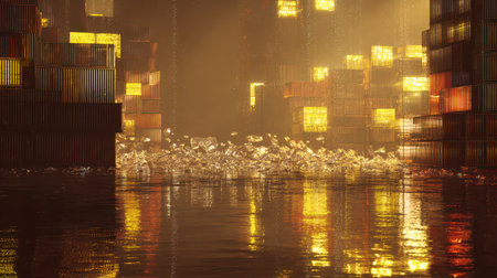 Colorful containers brim with shimmering ice shards reflecting festive lights as New Year celebrations fill the atmosphere with joy.の素材