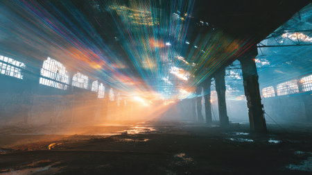 Colorful streams of cosmic energy illuminate an empty factory creating a magical atmosphere as the New Year festivities begin.の素材