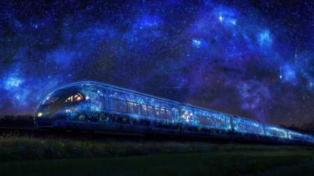 A magical train glows with bioluminescent plants under a starry sky ushering in New Year celebrations blending nature and technology beautifully.の素材