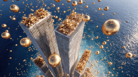 Festive rooftops rise above sparkling waters adorned with golden ornaments capturing the joyful spirit of New Year festivities in a magical scene.の素材