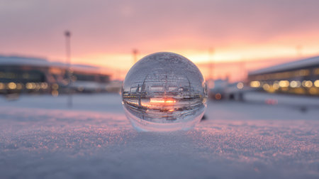 A giant snow globe reflects a stunning sunset at the terminal creating a magical New Year atmosphere filled with color and light.の素材