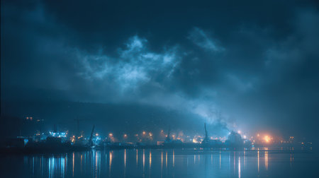 A magical scene unfolds as clouds of fireflies hover above a misty port illuminated by festive lights on New Years Eve.の素材