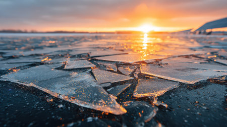 A striking view of a power plant rising from shimmering ice shards as the sun sets welcoming the New Year with vibrant colors and reflections.の素材