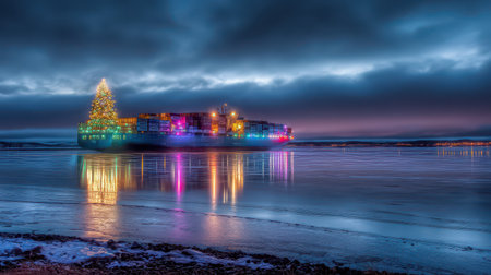 A large cargo ship is beautifully decorated with colorful Christmas lights anchored in still waters reflecting festive joy under a winter sky.の素材
