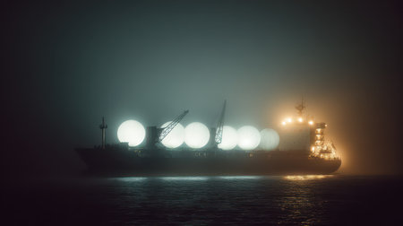 A ship moves through thick mist carrying glowing spheres that light up the scene setting a moody...