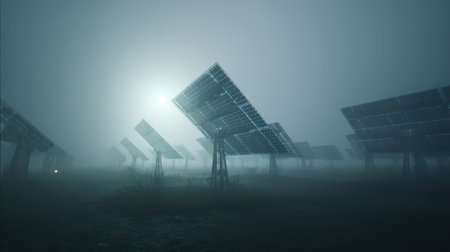 A power plant glows in the mist with solar panels reflecting shimmering particles on New Year's Eve...