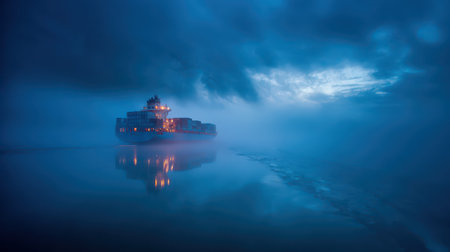 A majestic vessel sails through a mysterious fog glowing softly in volumetric light. The scene...