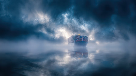 A large vessel drifts through mystical volumetric light clouds with reflections shimmering in the...
