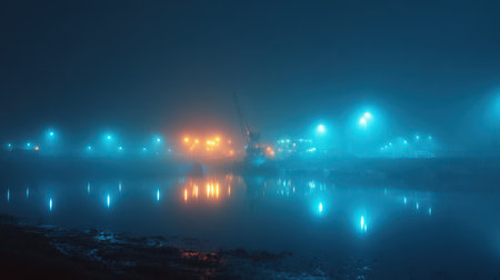 A captivating scene unfolds at a port where clouds of fireflies dance in dense mist.