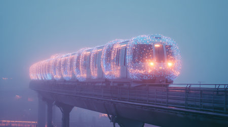 A mesmerizing monorail adorned with radiant spheres glides silently through thick fog illuminating...