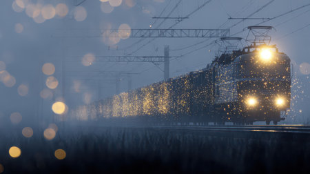 A rune etched train glides through the mist its glowing lights twinkling as it journeys into the New...
