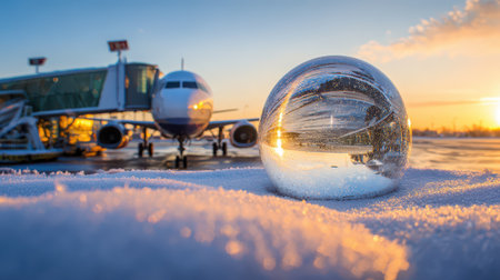 A giant snow globe captures a terminal at sunset. Snow blankets the ground creating a beautiful...