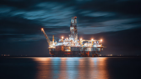 A dynamic offshore rig stands tall against the night sky emitting warm lights that blend with...