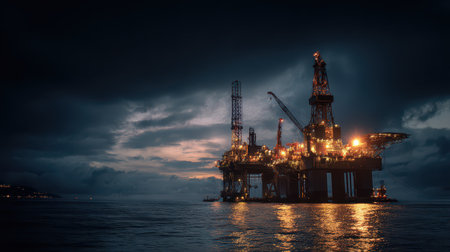 A massive rig stands tall against a moody twilight sky illuminated by lights as it rises from a...