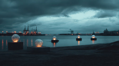 In the calm waters of the port glowing spheres light up the scene amidst a dusky sky celebrating the...