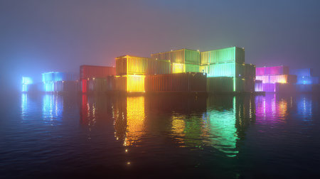 Containers filled with radiant feathers stand brightly in the fog celebrating New Year's magic.