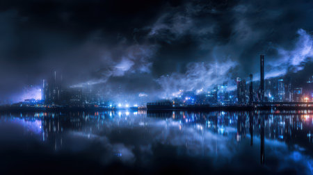 Bright lights of a power plant illuminate the night sky surrounded by ethereal clouds.の写真素材
