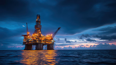 As twilight falls a majestic rig emerges from the ocean aglow with lights symbolizing new beginnings...