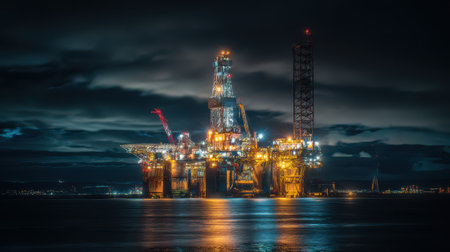 A vibrant rig glows with colorful lights amidst volumetric clouds on New Years night. A stunning celebration in the dark sky.の写真素材