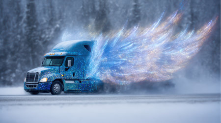 A vibrant truck moves through a swirling snowstorm with glowing feathers of light trailing...