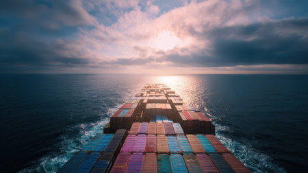Containers float peacefully on the ocean as the sun sets casting brilliant reflections on the...