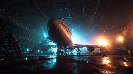 An airplane is parked in a dimly lit hangar creating a mystical atmosphere as lights glow.