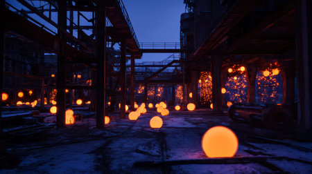 In an old factory glowing orange spheres float and disperse as the New Year begins creating a...